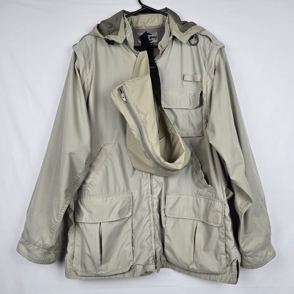 ExOfficio Adventure Travel Jacket Mens Medium Tan Convertible Hooded Nylon & Bag